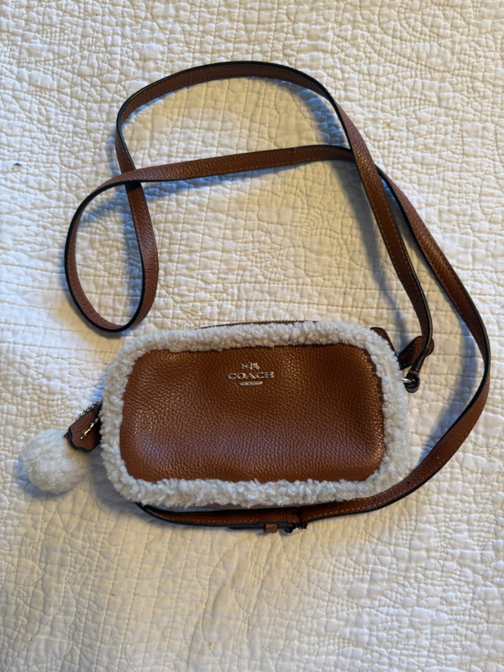 Coach Brown Leather Crossbody with Cream Shearling Trim
